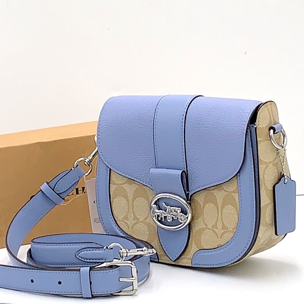 COACH Georgie Saddle Bag In Signature Canvas 
Silver/Light Khaki/Marble NWT